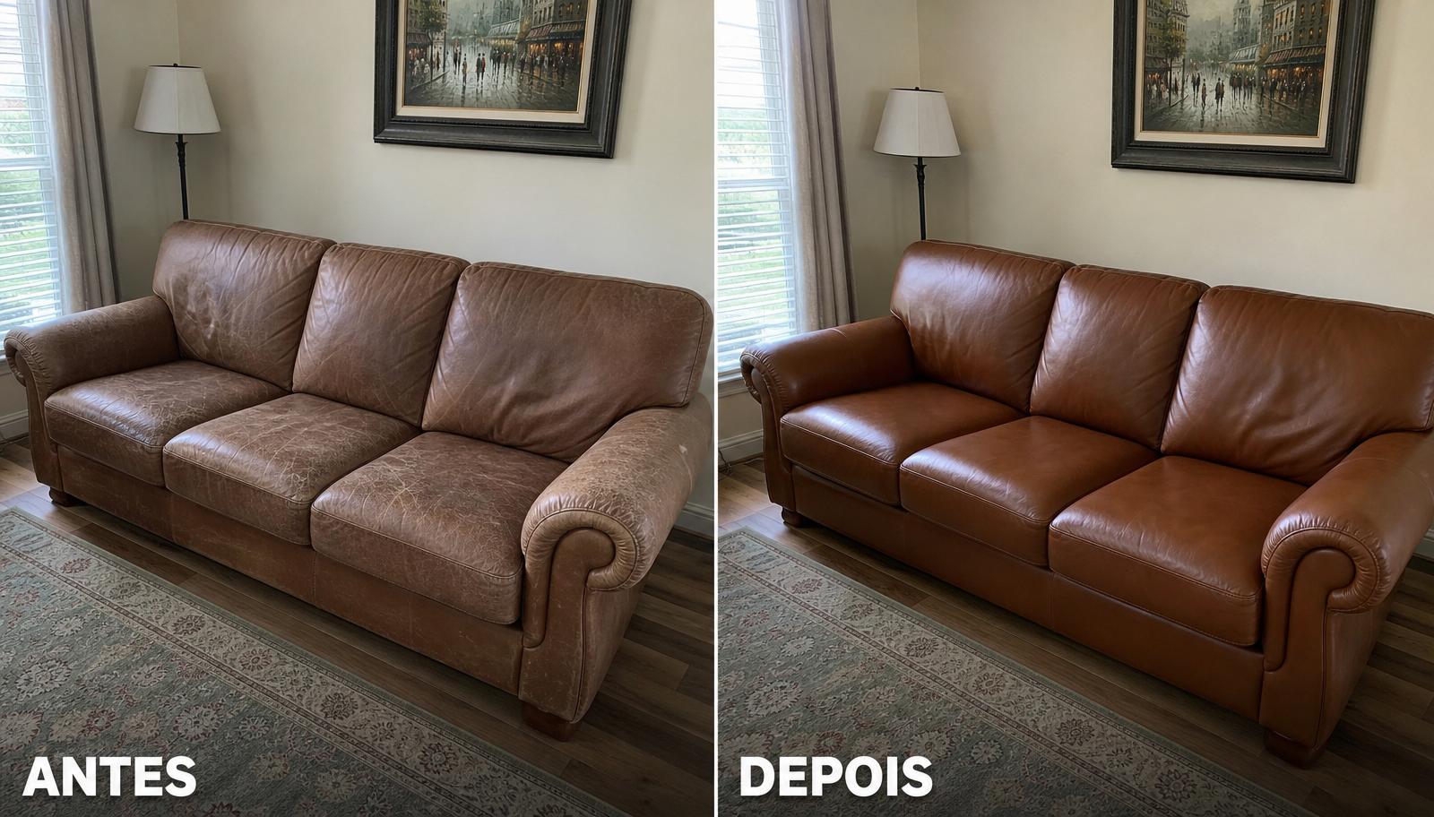 Antes e depois de sofá de couro restaurado
